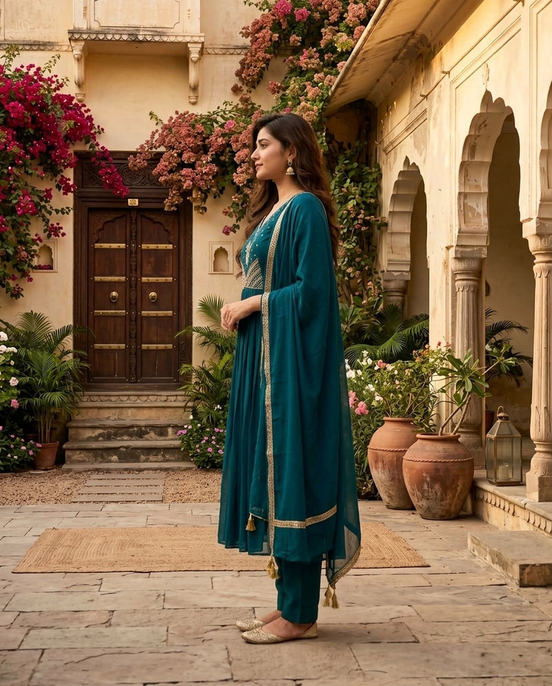 Teal and Gold Embroidered Ankle Length Frock Suit with Dupatta