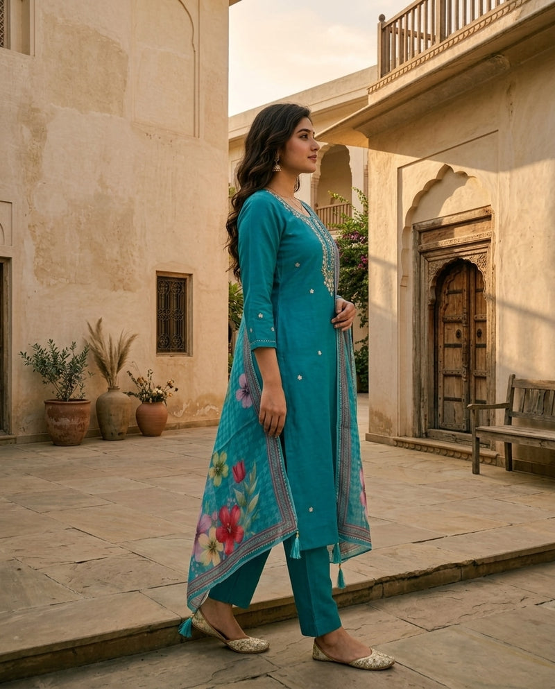 Teal Embroidered Round Neck Kurta Set with Printed Dupatta