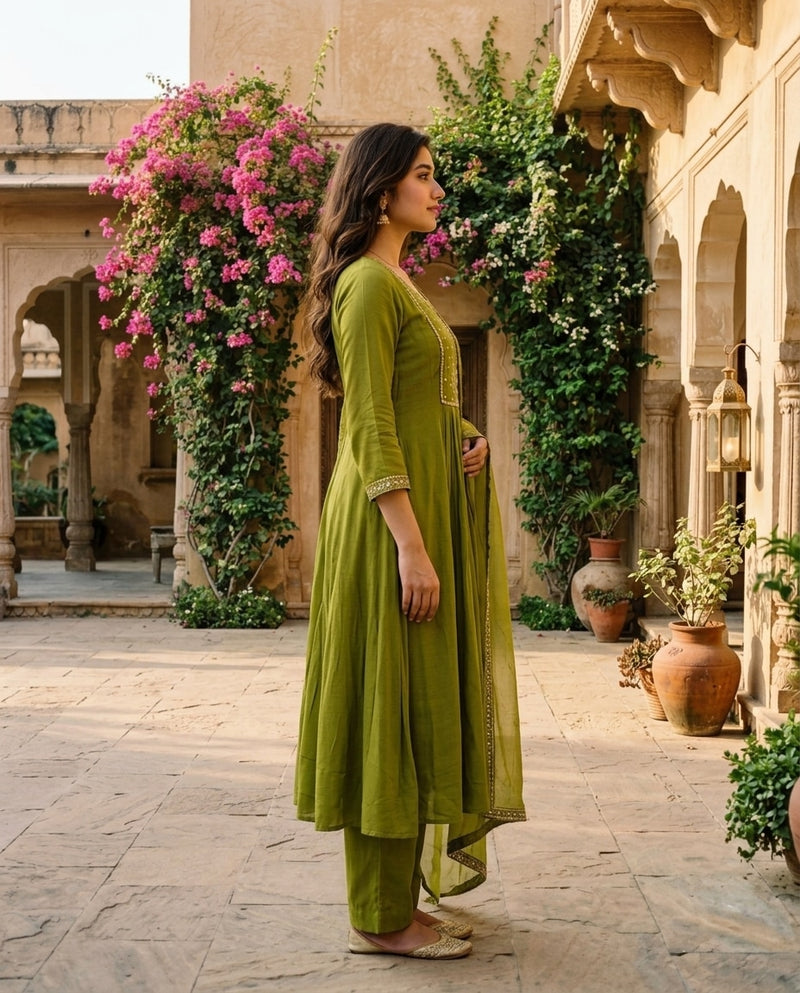 Olive Green Round Neck Embroidered Kurta Set