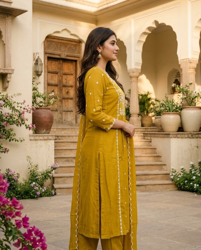 Mustard Yellow Embroidered V-Neck Kurta Set with Dupatta