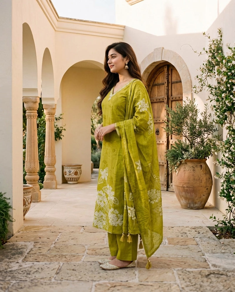 Olive Green Floral Embroidered Kurta Set with Dupatta