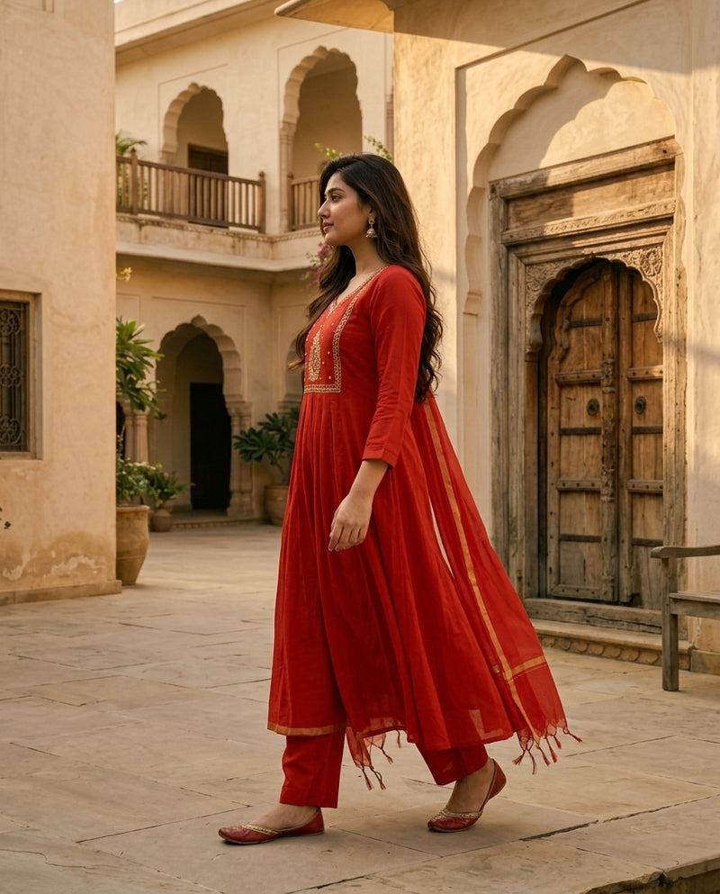 Red and Gold Anarkali Suit Set with Embroidered Yoke