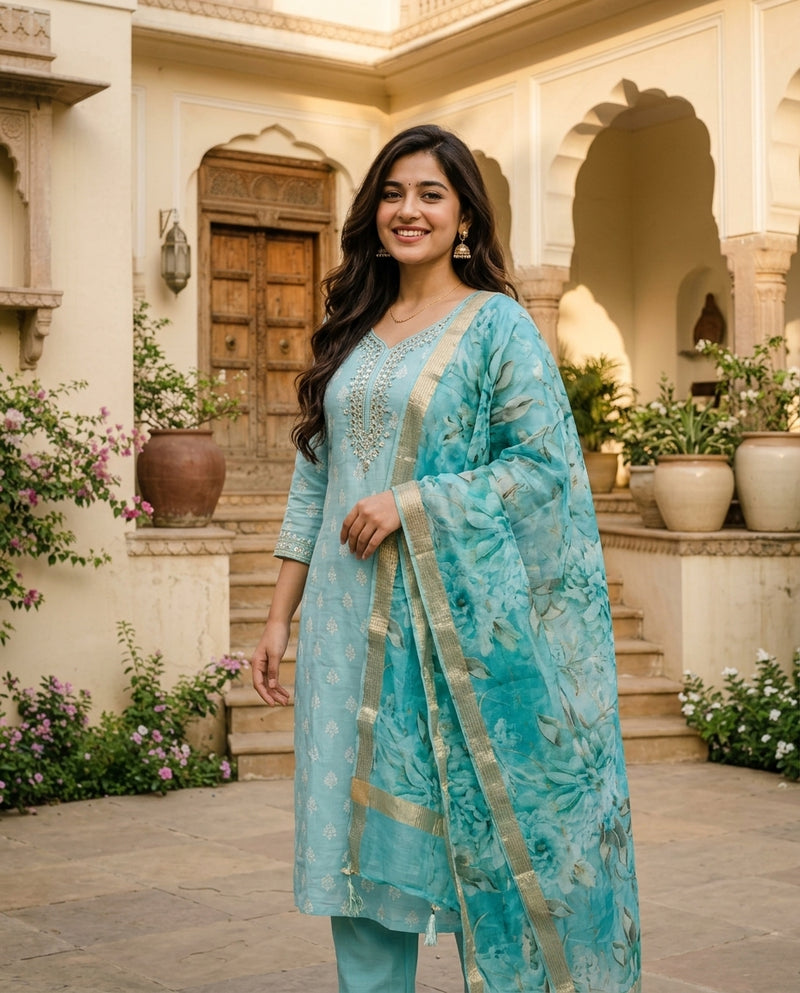 Light Blue Embroidered Kurta Set with Dupatta