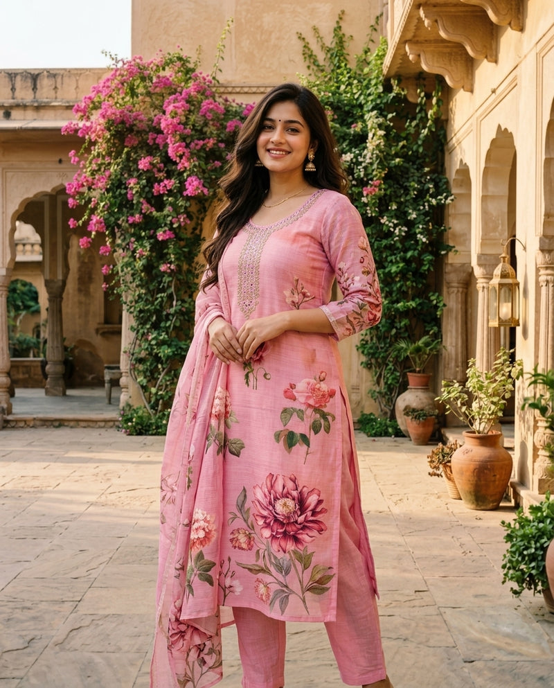 Pink Floral Print Kurta Set with Embroidered Yoke