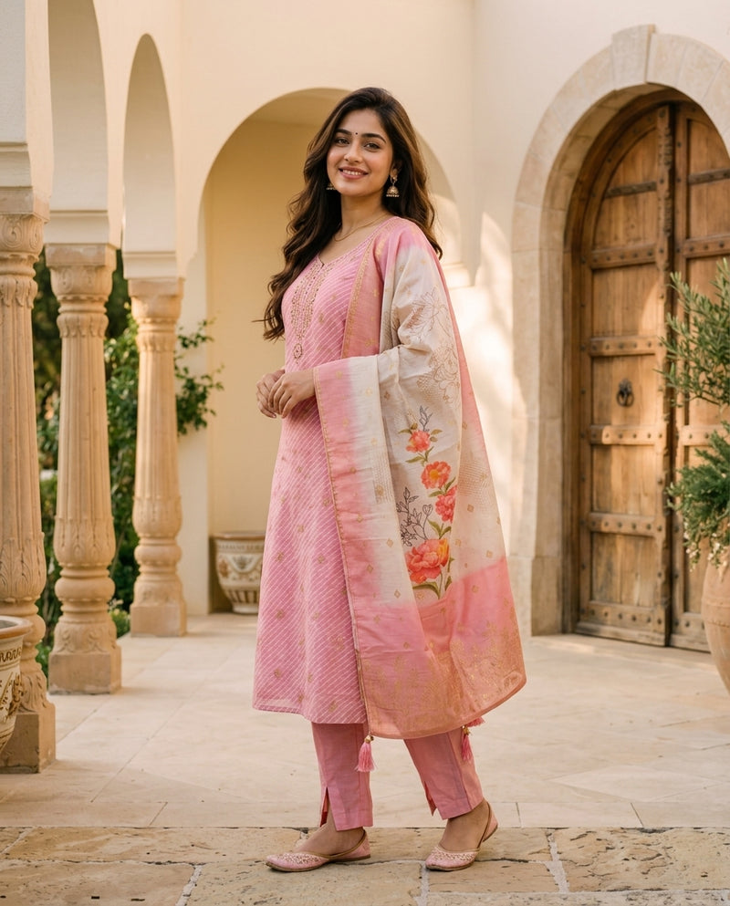 Pink Embroidered Kurta Set with Dupatta