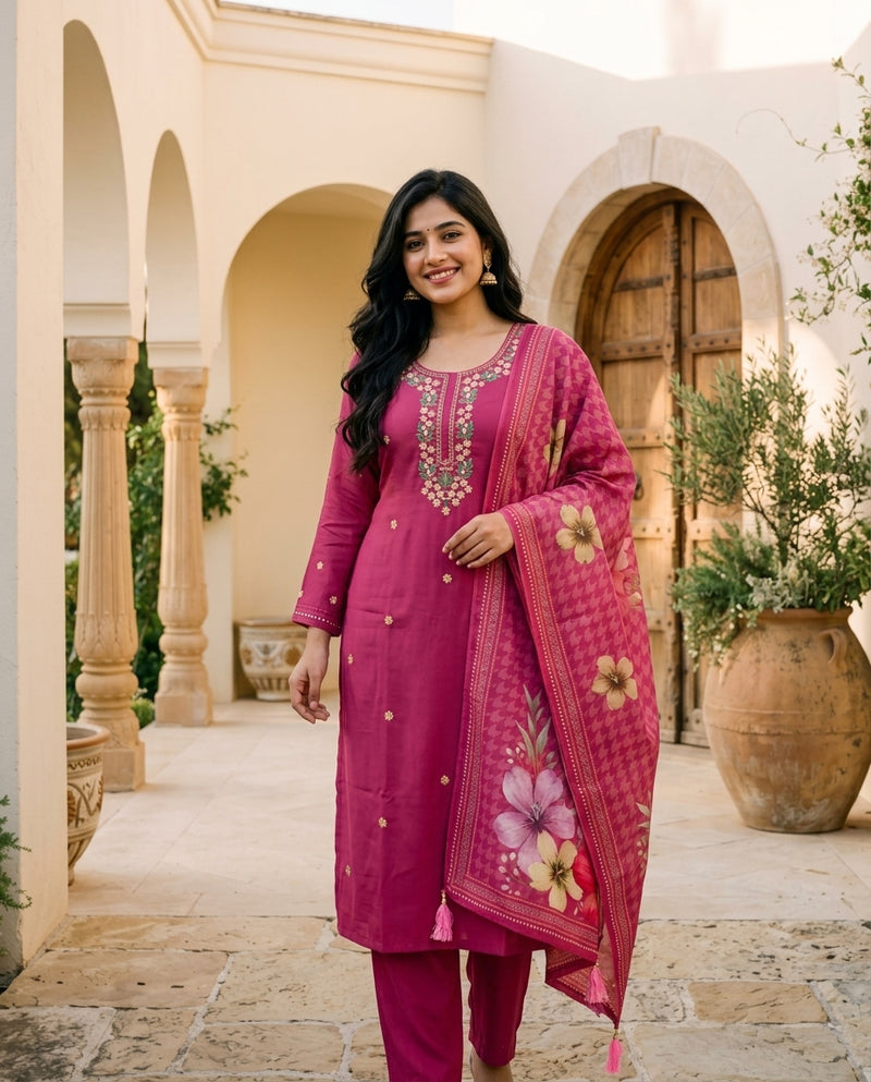 Magenta Embroidered Kurta with Trousers and Printed Dupatta Set