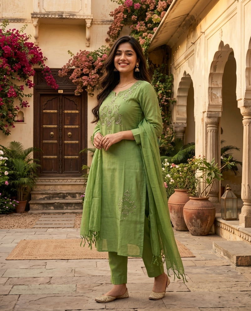 Green Embroidered Kurta Set with Trousers and Dupatta
