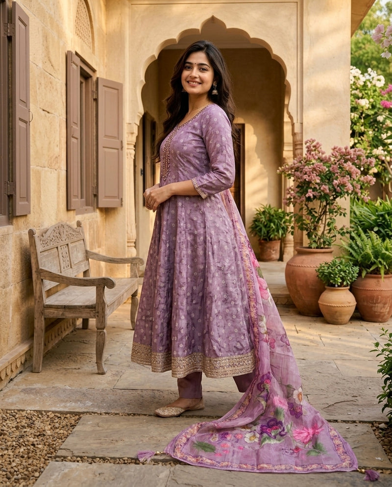 Mauve Kalidar Frock Suit Set with Embellished Neckline