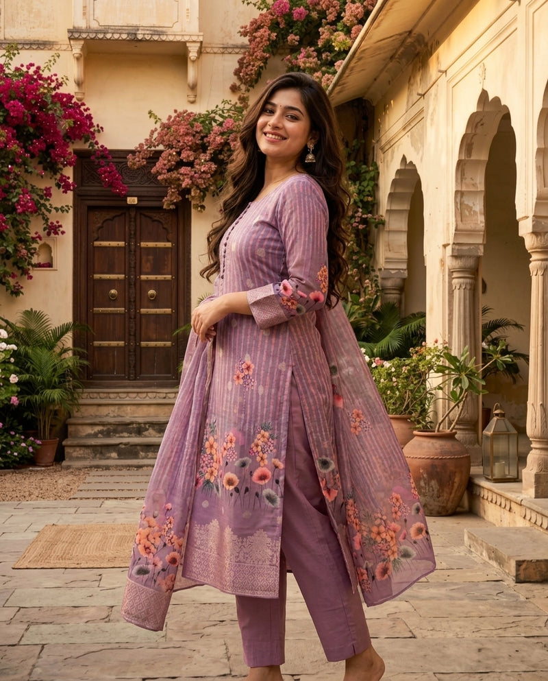 Mauve Printed Kurta Set with Dupatta and Trousers