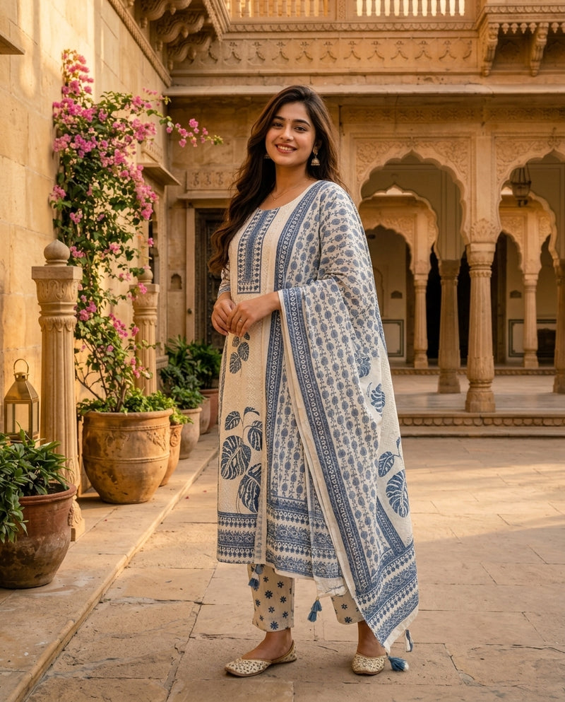 Off-White & Blue Printed Cotton Kurta Suit Set with Dupatta