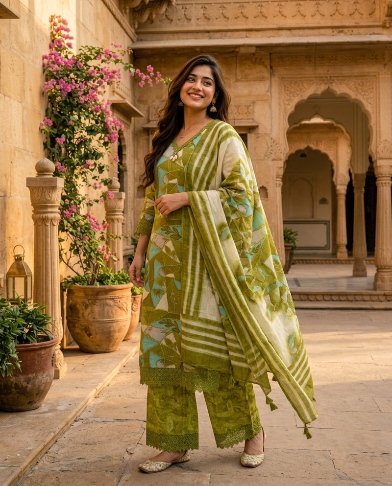 Green Printed V-Neck Kurta Set with Palazzo and Dupatta