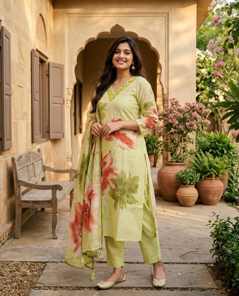 Light Green Floral Printed Suit Set with Embroidered V-Neck