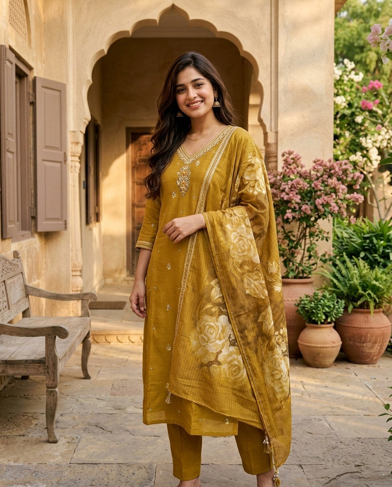 Mustard Yellow Embroidered Kurta Set with Dupatta
