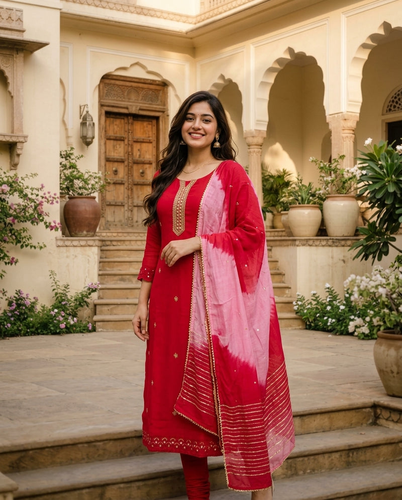 Red Embroidered Kurta Set with Leheriya Dupatta