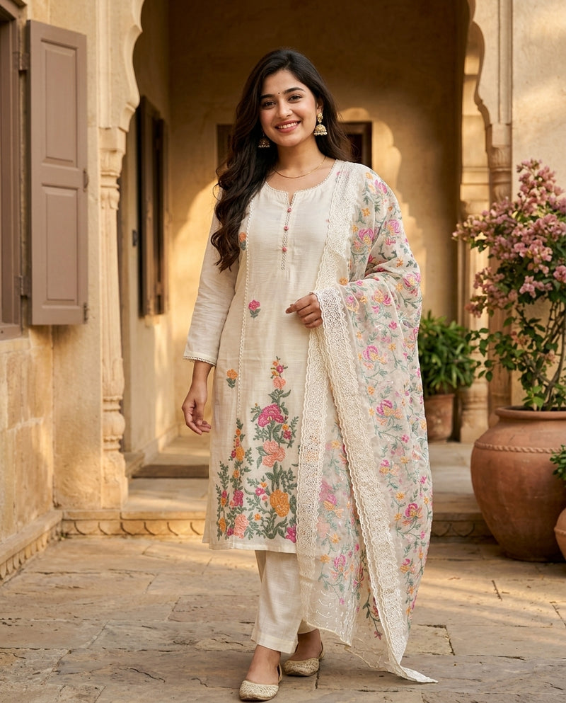 Off-White Floral Embroidered Kurta Suit Set with Sheer Dupatta
