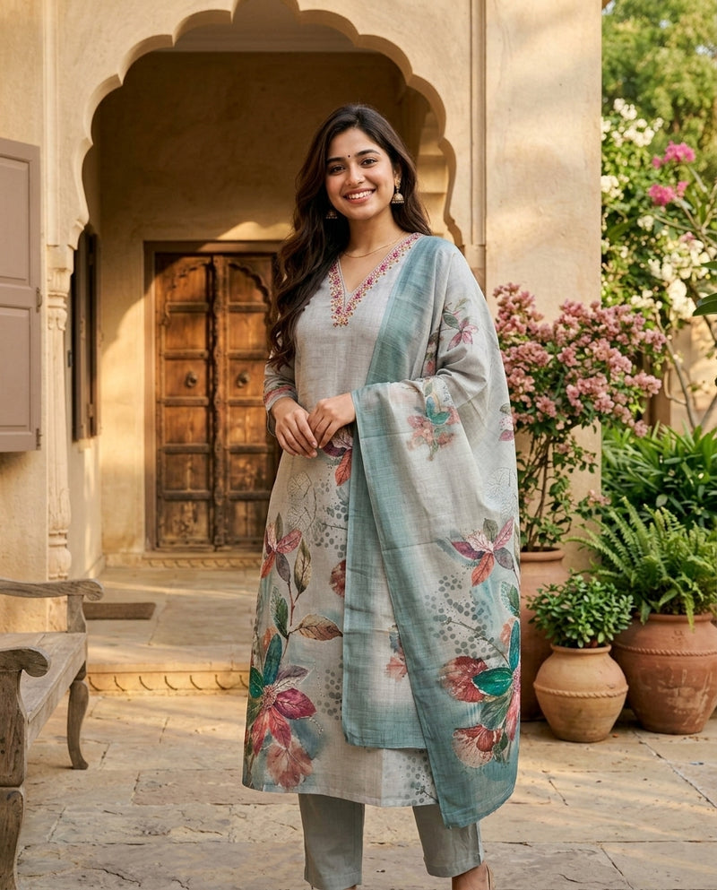 Grey Floral Printed Suit Set with Embroidered Neckline