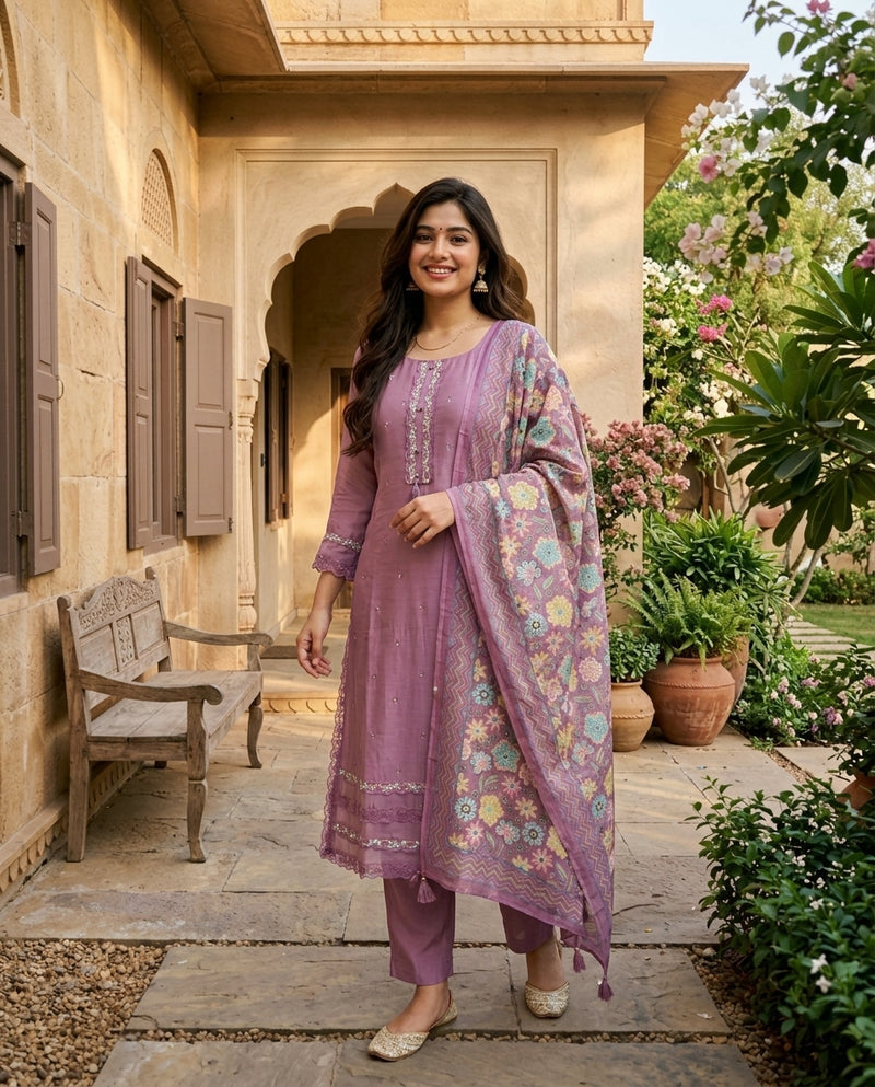 Mauve Embroidered Kurta Set with Printed Dupatta