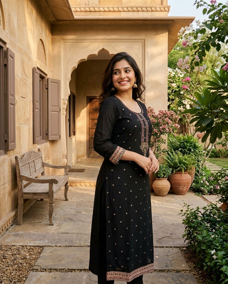 Black Embroidered Kurta with Trousers