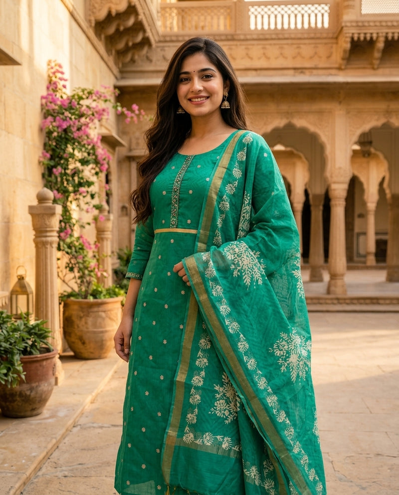 Green Embroidered Kurta Set with Printed Dupatta and Trousers