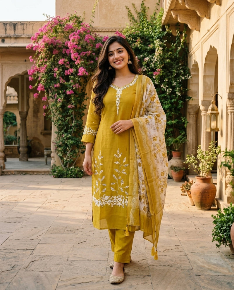 Mustard Yellow Embroidered Kurta Set with Printed Dupatta