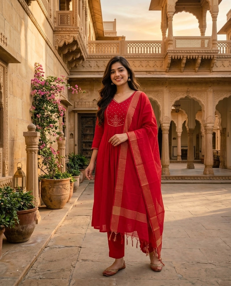 Red and Gold Embroidered V-Neck Kurta Set with Dupatta