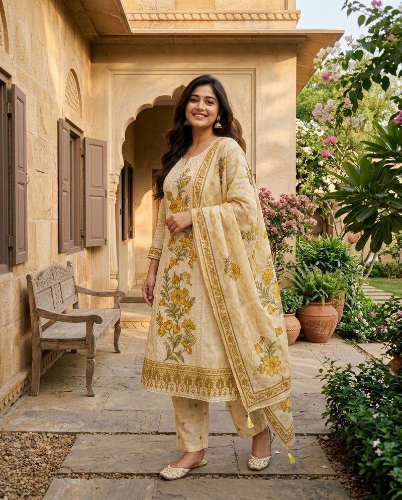 Cream & Mustard Floral Printed Round Neck Kurta Set with Dupatta