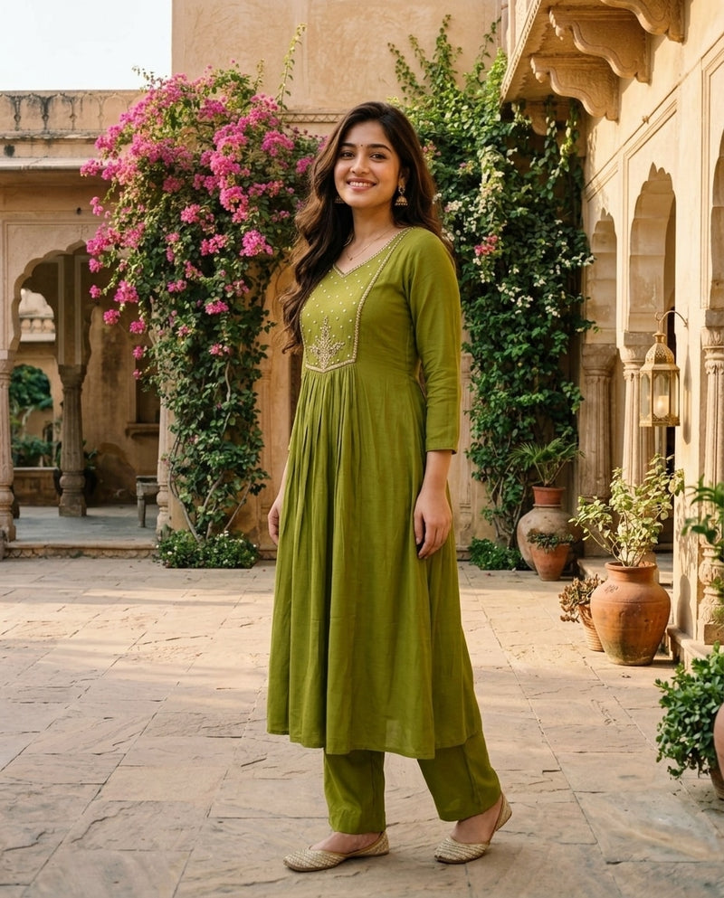 Olive Green Round Neck Embroidered Kurta Set