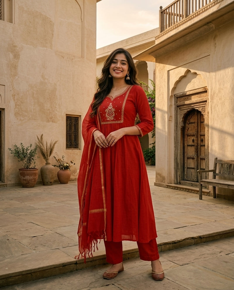 Red and Gold Anarkali Suit Set with Embroidered Yoke