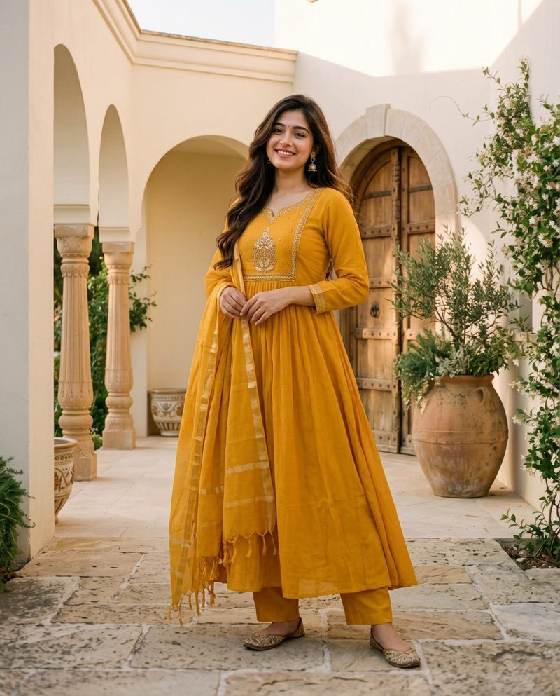 Mustard Yellow Anarkali Kurta Set with Embroidered Yoke