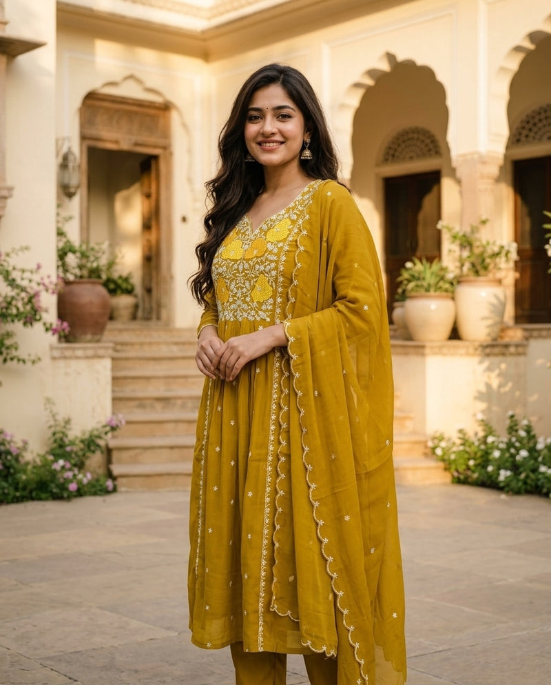 Mustard Yellow Embroidered V-Neck Kurta Set with Dupatta