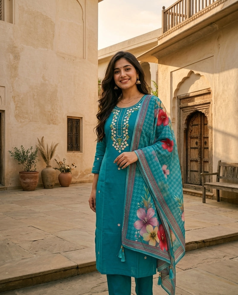Teal Embroidered Round Neck Kurta Set with Printed Dupatta