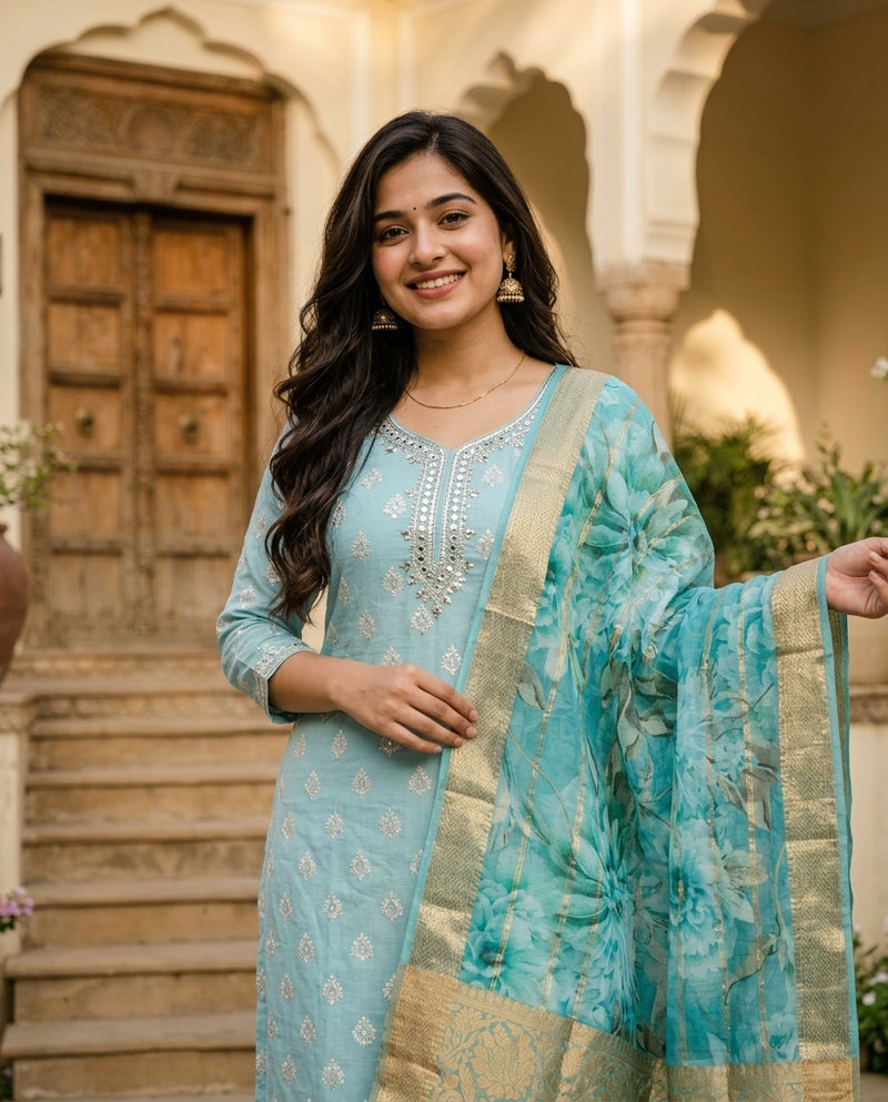 Light Blue Embroidered Kurta Set with Dupatta