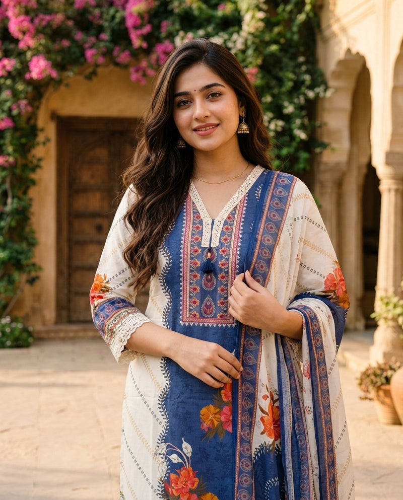 Off-White & Blue Printed Kurta Set with Dupatta