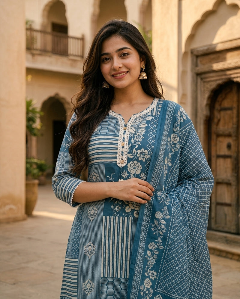 Blue Patchwork Printed Flared Kurta Set with Dupatta
