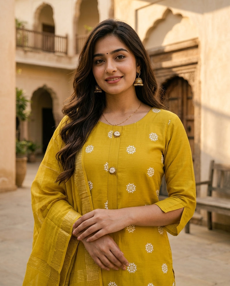 Yellow Woven Motif Kurta Set with Trousers & Dupatta