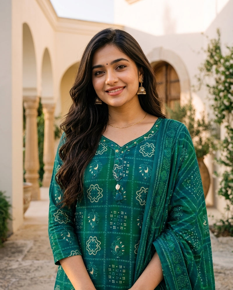 Teal and Green Bandhani Print Suit Set with Dupatta