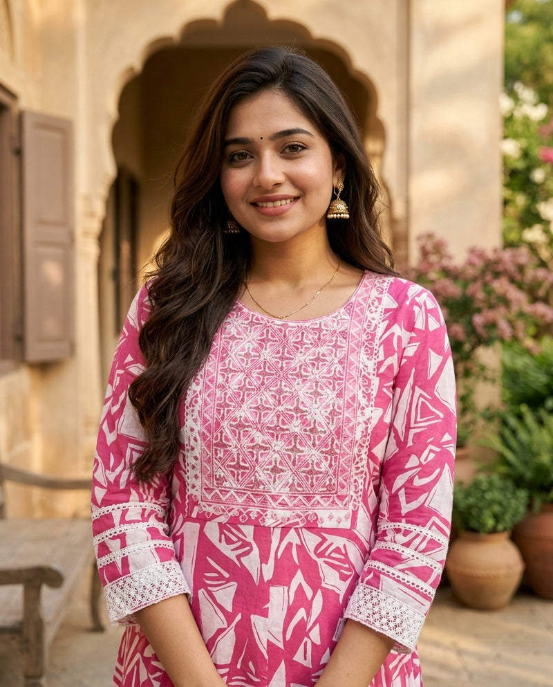 Pink Geometric Print Frock Suit Set with Embroidered Yoke