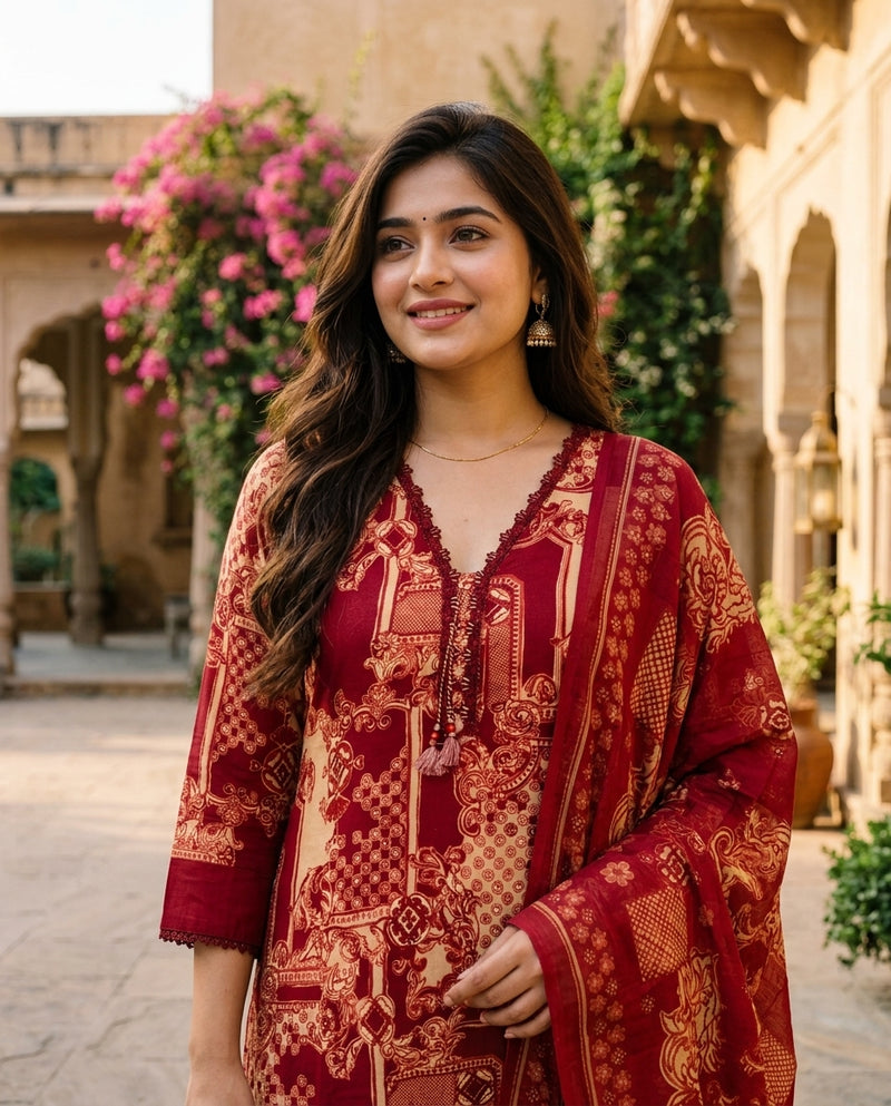 Maroon Printed V-Neck Kurta Set with Trousers and Dupatta