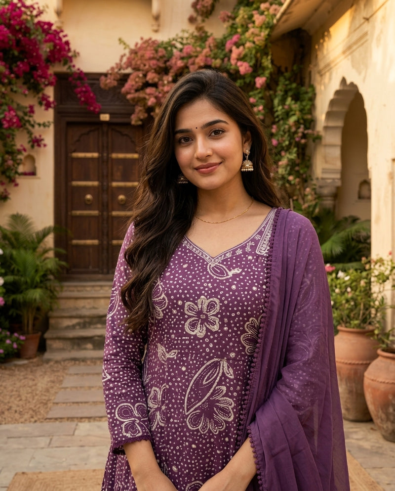 Purple Bandhani Print Flared Kurta Set with Dupatta