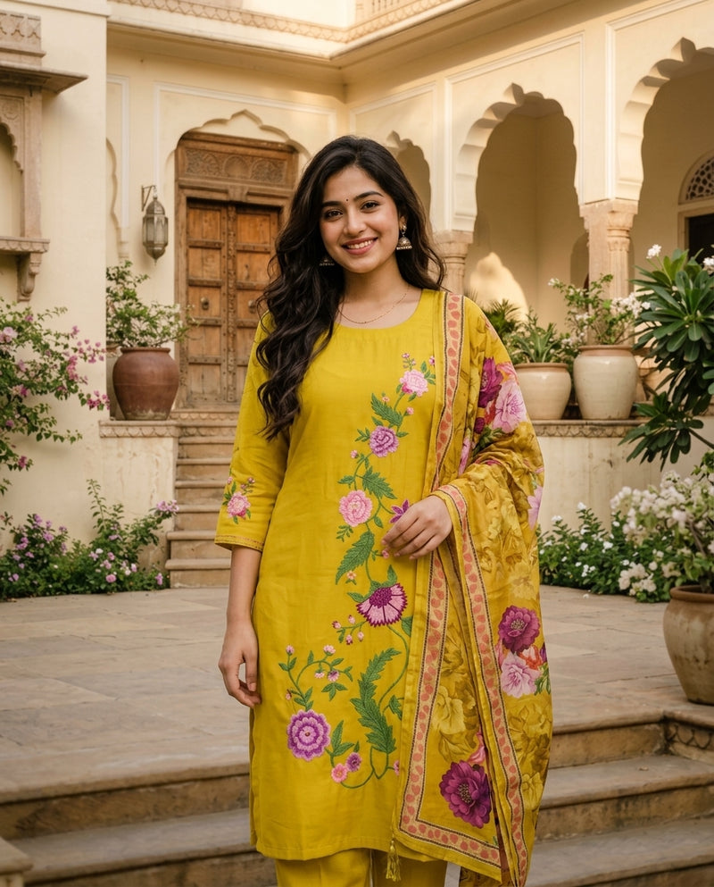 Yellow Floral Embroidered Kurta Set with Dupatta