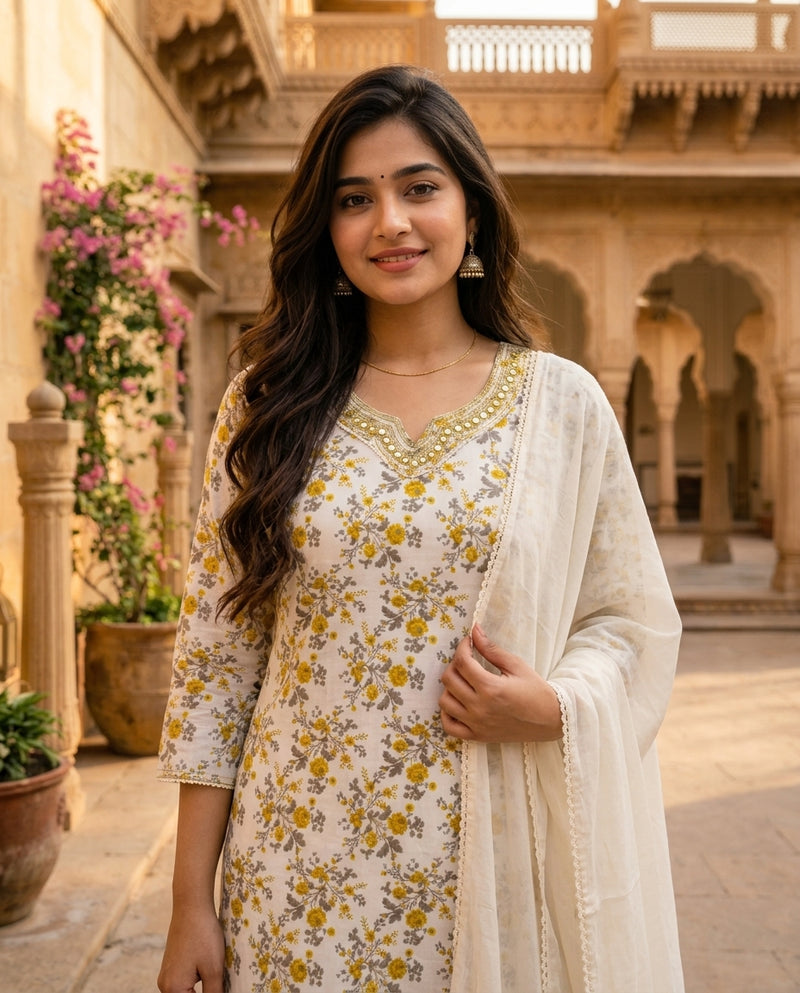 Off-White Floral Printed Kurta Set with Lace Dupatta
