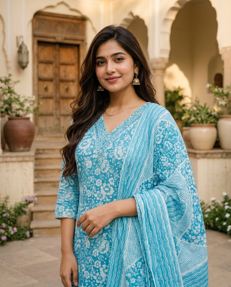 Turquoise Floral Print V-Neck Kurta Set with Dupatta