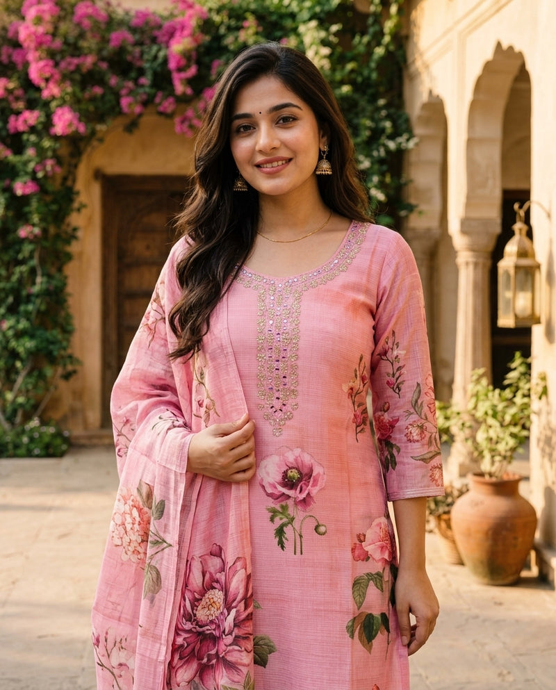 Pink Floral Print Kurta Set with Embroidered Yoke