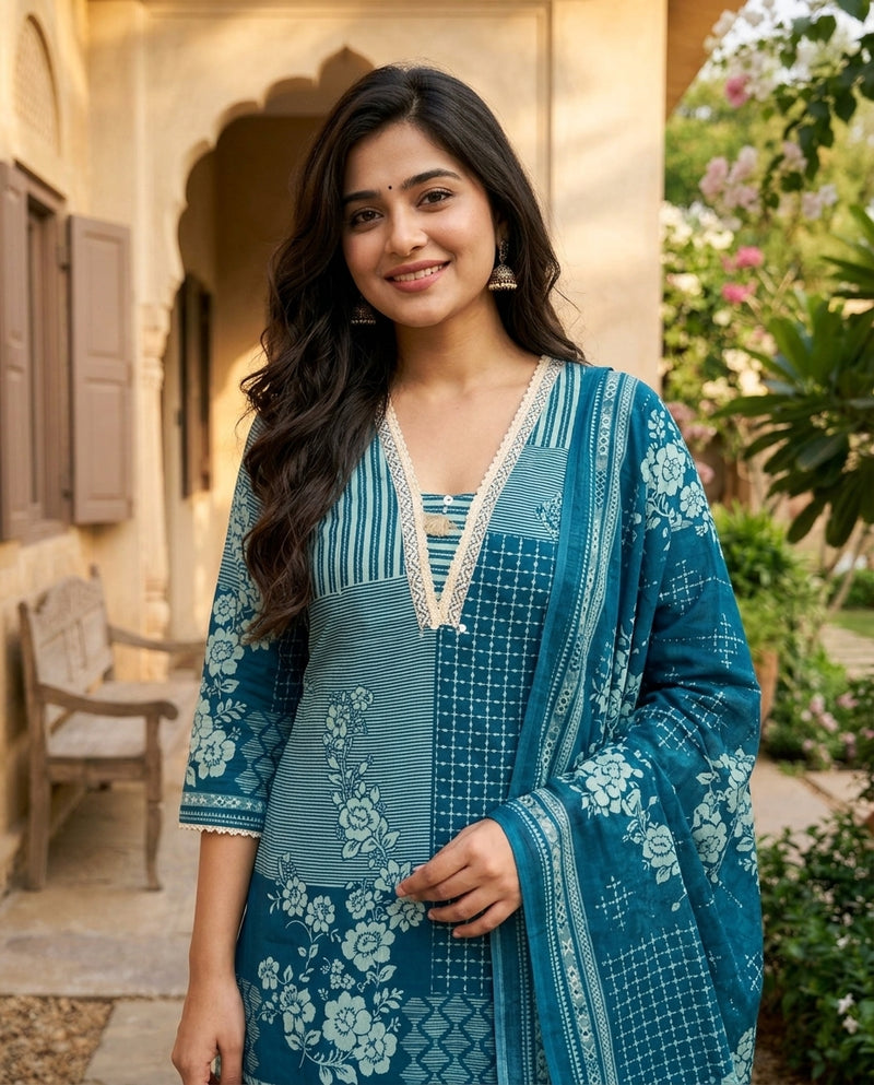 Teal Blue Printed A-Line Kurta Set with Dupatta