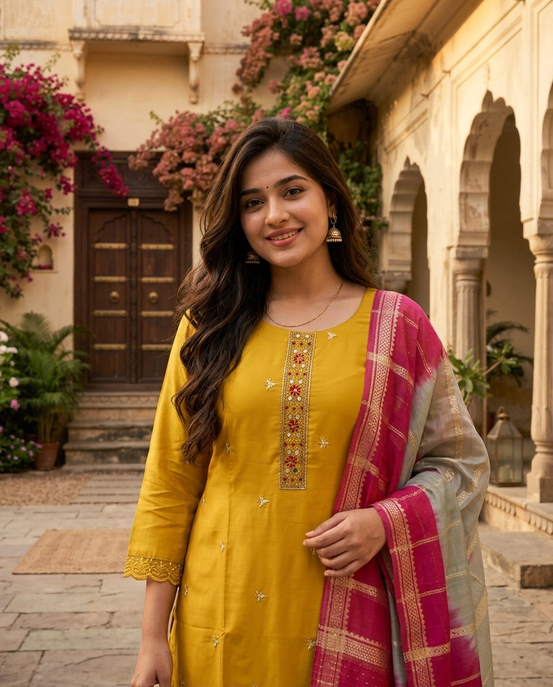 Mustard Yellow Embroidered Kurta Set with Shaded Zari Dupatta