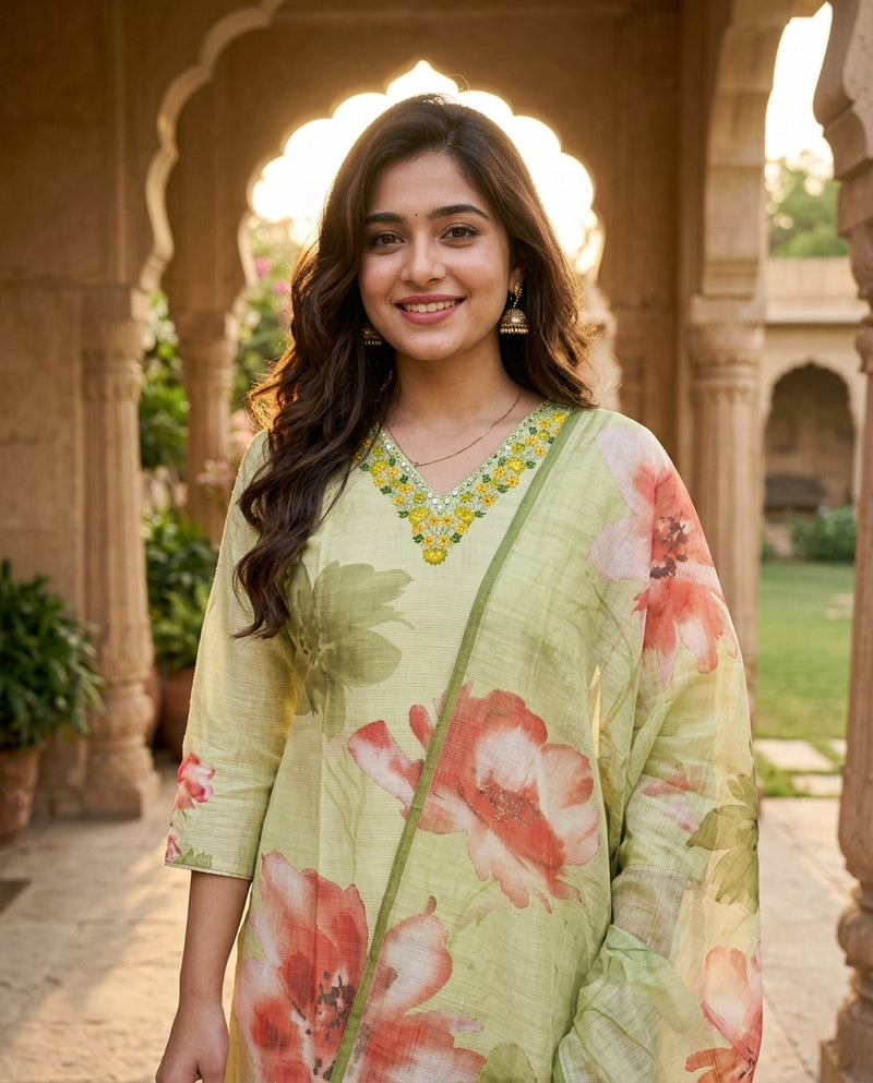 Light Green Floral Printed Suit Set with Embroidered V-Neck