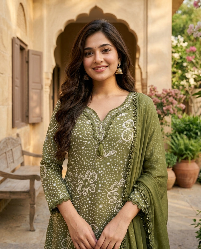 Olive Green Bandhani Print Anarkali Suit Set