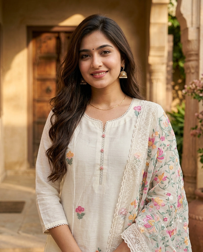 Off-White Floral Embroidered Kurta Suit Set with Sheer Dupatta