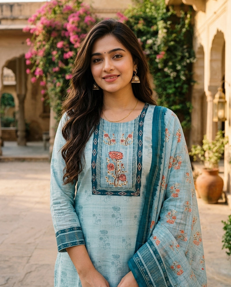 Light Blue Printed Slub Kurta Set with Dupatta