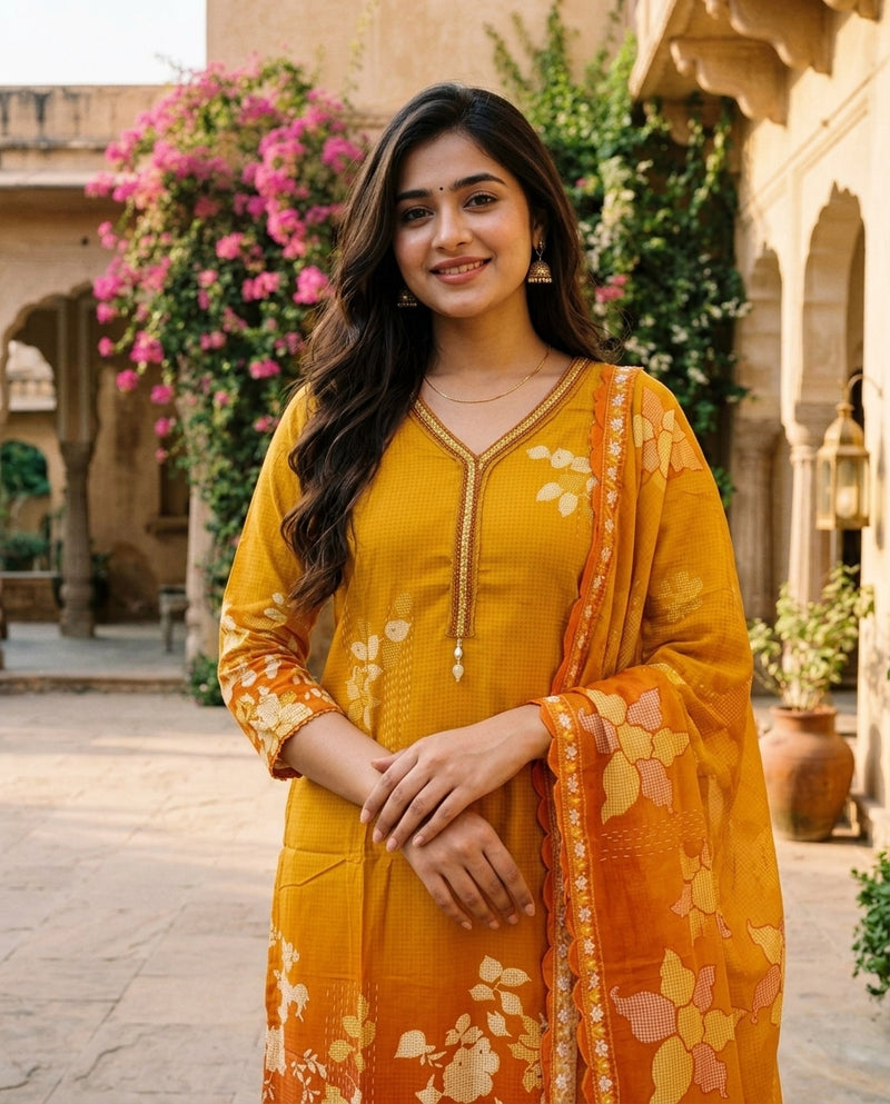 Mustard Yellow & Orange Ombre Printed Kurta Set